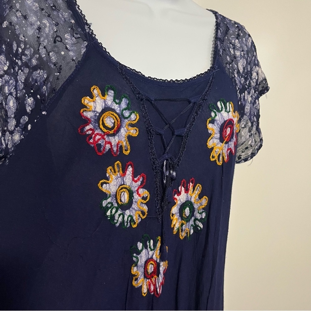 One Size Hippie Dyed Embroidery Flowy dress Boho Beach Eclectic Coverup - Picture 4 of 9